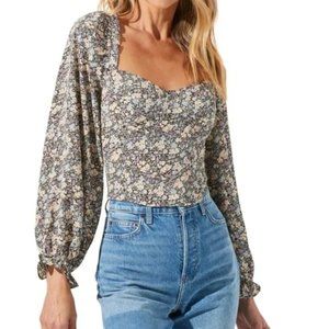 Astr the Label Long Sleeve Floral Puff Sleeve Corset Top Sz L